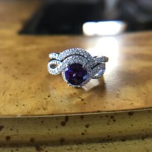 Natural Amethyst Moissanite Sterling Silver Ring Set Size 5